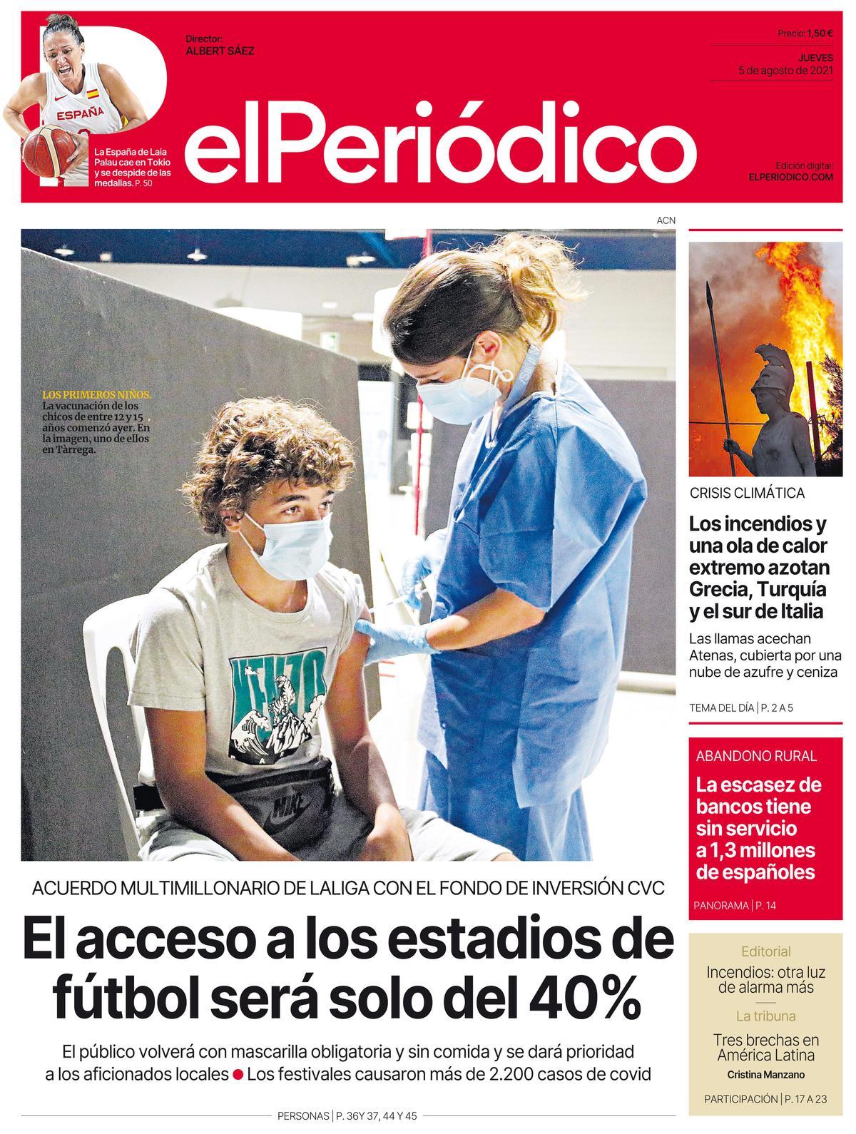 La portada d’EL PERIÓDICO del 5 d&apos;agost del 2021