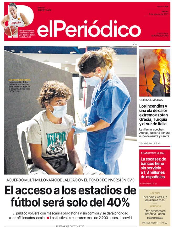 La portada d’EL PERIÓDICO del 5 d'agost del 2021