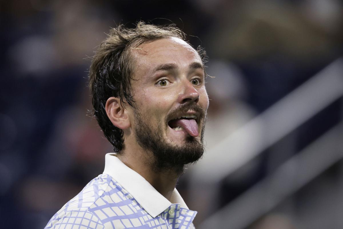 Daniil Medvedev, of Russia, reacts during a match against Benjamin Bonzi, of France, in the first-round of the U.S. Open tennis championships, Sunday, Aug. 24, 2025, in New York. (AP Photo/Adam Hunger)