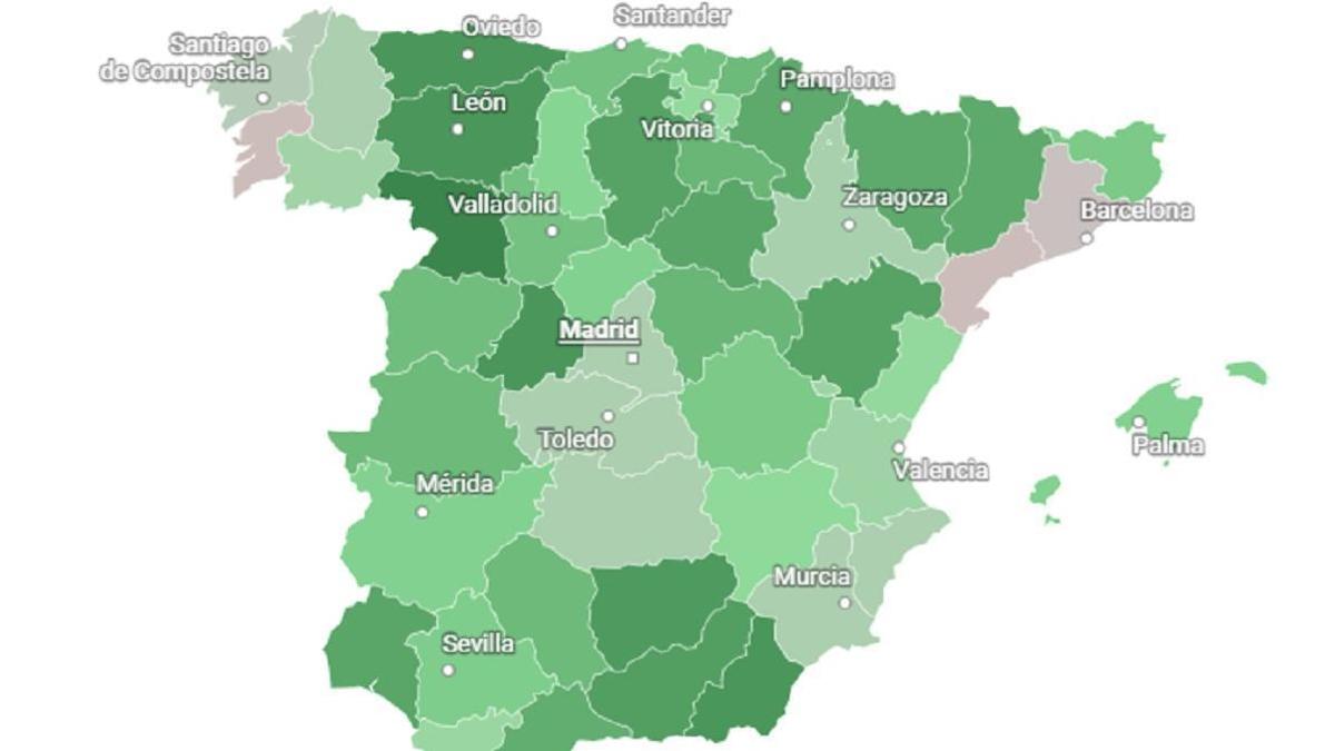 Mapa de España con los datos de sentimiento provincial en una encuesta realizada por Electomania.