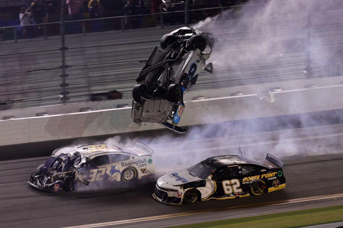 DAYTONA BEACH, FLORIDA - FEBRUARY 17: Ryan Newman, driver of the #6 Koch Industries Ford, flips over as he crashes during the NASCAR Cup Series 62nd Annual Daytona 500 at Daytona International Speedway on February 17, 2020 in Daytona Beach, Florida.   Chris Graythen/Getty Images/AFP