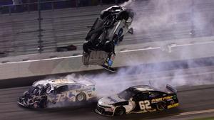 DAYTONA BEACH, FLORIDA - FEBRUARY 17: Ryan Newman, driver of the #6 Koch Industries Ford, flips over as he crashes during the NASCAR Cup Series 62nd Annual Daytona 500 at Daytona International Speedway on February 17, 2020 in Daytona Beach, Florida.   Chris Graythen/Getty Images/AFP