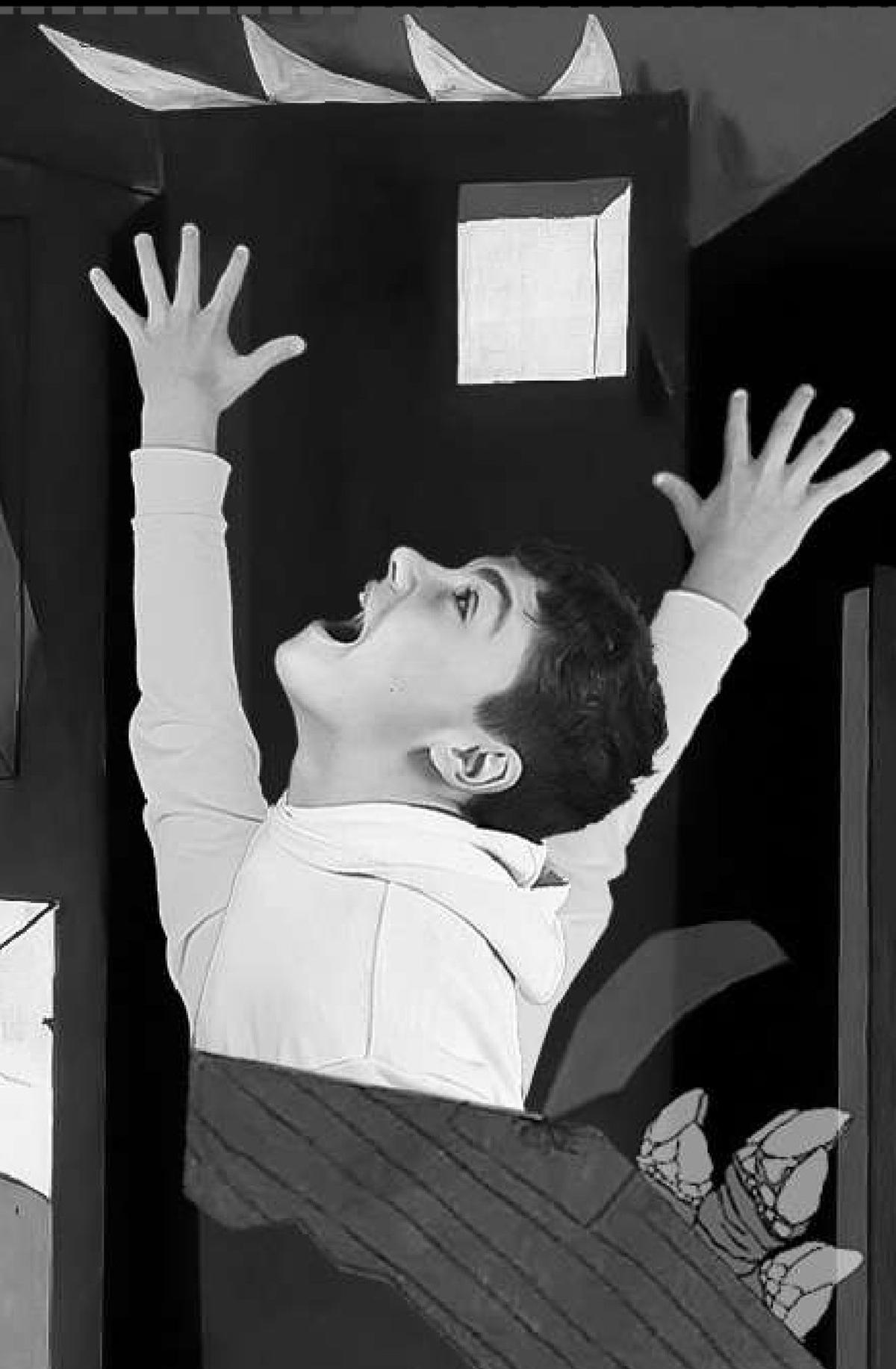 Brazos erguidos como símbolo da humanidade ferida.