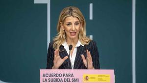 Yolanda Díaz, en rueda de prensa para explicar la subida del SMI.