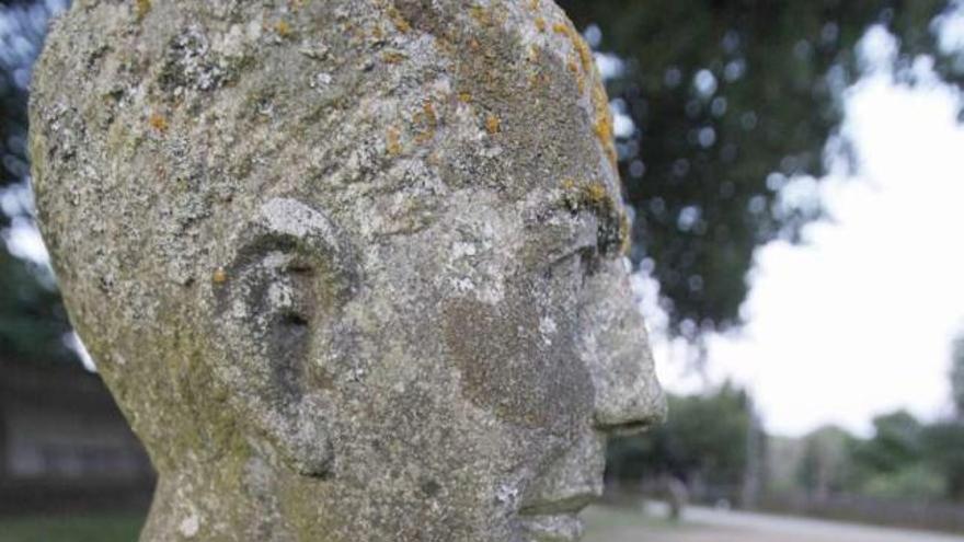 Un vecino de Bermés observa el busto del matemático en el campo de la fiesta de la parroquia.  // Bernabé/Gutier