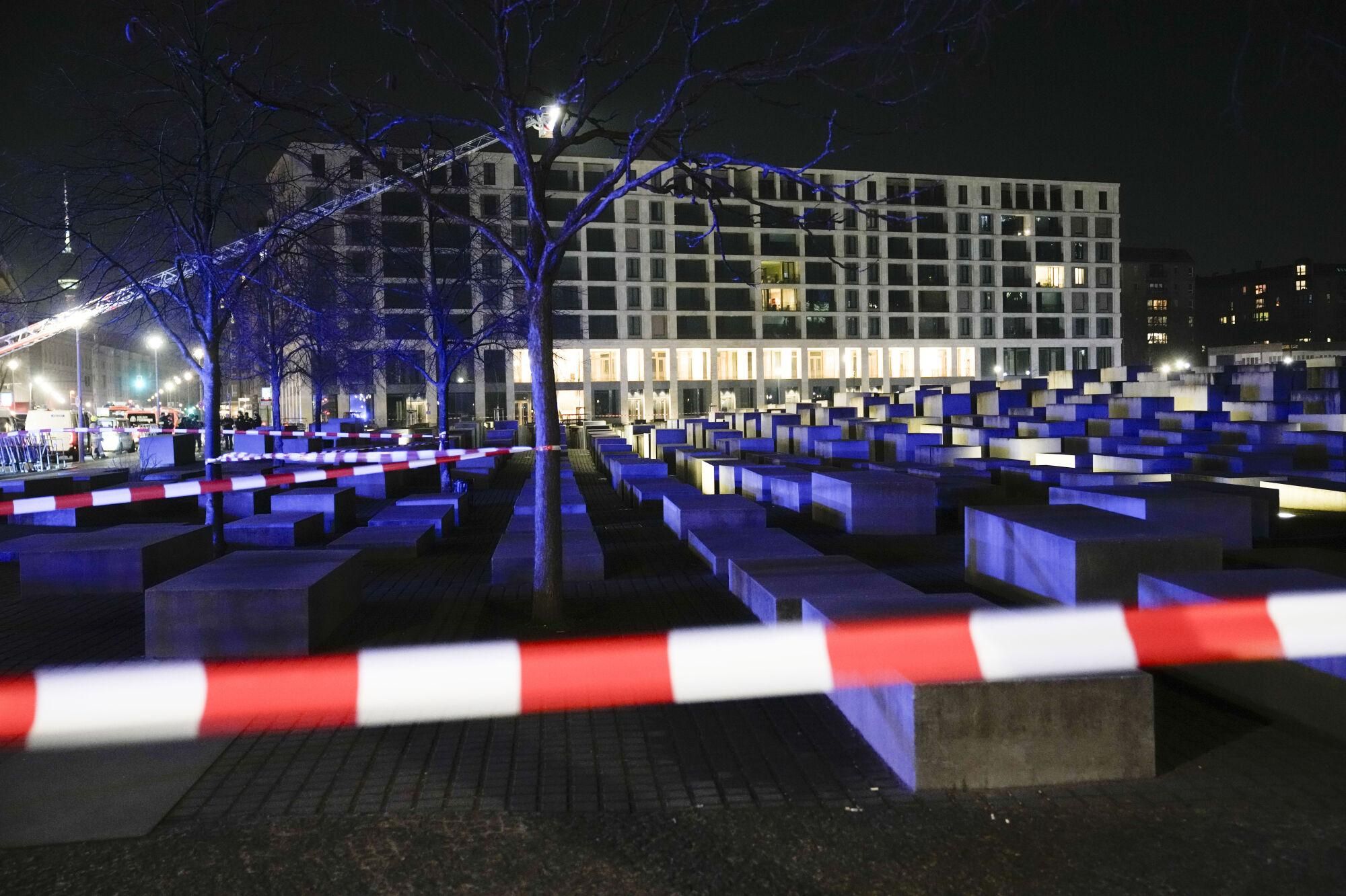 The Holocaust memorial after a man was attacked at the memorial site in Berlin, Germany, Friday, Feb. 21, 2025. (AP Photo/Ebrahim Noroozi)
