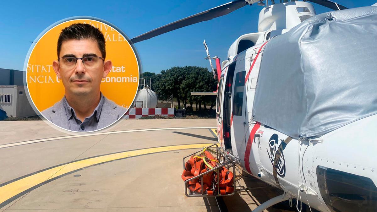 El estudio de la UV da claves sobre aspectos de la atención sanitaria y los tiempos según el transporte. Superar la ‘hora dorada’ puede marcar la diferencia entre la vida y la muerte en una emergencia. En la imagen, helipuerto y Virgilio Pérez, investigador de Economía Aplicada.