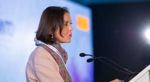 Reyes Maroto, ministra de Industria, Comercio y Turismo, durante su intervención en la Asamblea General de la OMT celebrada en Madrid