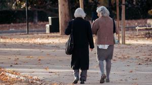 Dos mujeres mayores pasean por un parque.