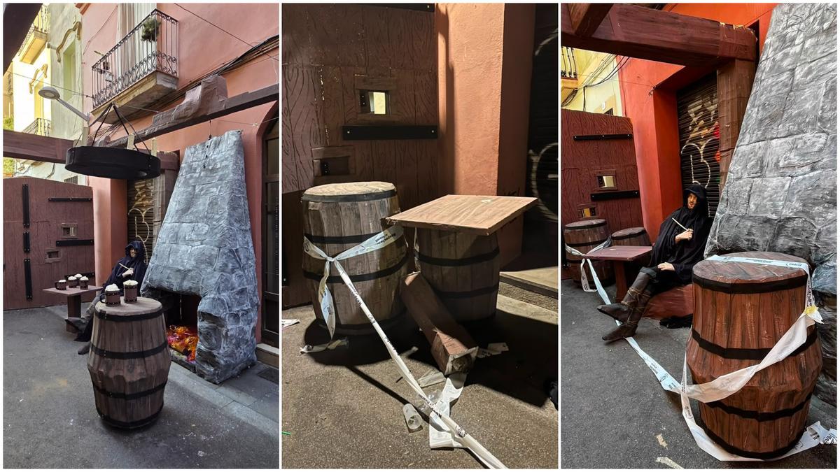 La taberna tolkiendi de la calle Fraternitat de Dalt, antes y después de los daños estas fiestas de Gràcia 2026