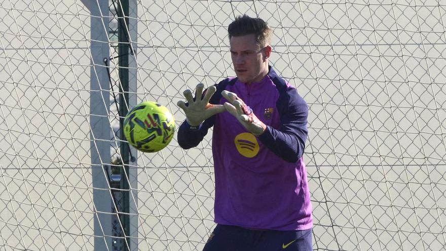 Ter Stegen, en el entrenamiento previo al partido de liga contra el  Atlético de Madrid.