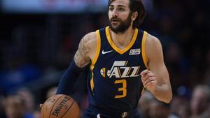 Ricky Rubio, en acción, en un partido de esta temporada con los Jazz