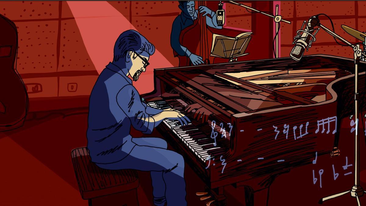 Viñeta de 'Dispararon al pianista', con Tenório a los 23 años, grabando su único disco como líder, 'Embalo'.