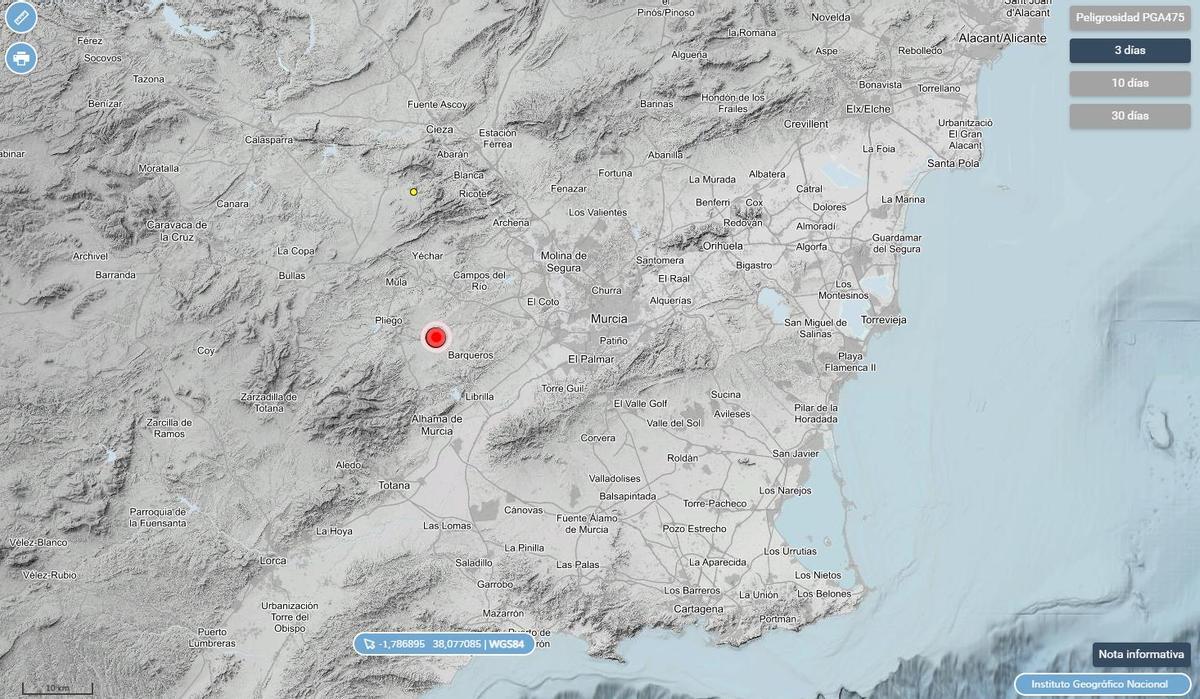 El epicentro del terremoto junto a Barqueros, en la web del IGN.