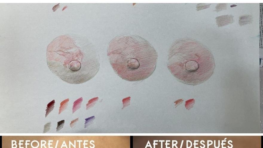 La mujer tenía parte de una de sus areolas descolorida, así que Miguel siguió el proceso habitual de probar colores y tonos para obtener el mejor resultado. / CARBONO TATTOO