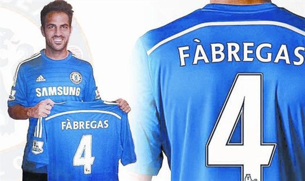 Cesc Fàbregas exhibeix ahir a través de Facebook la samarreta del Chelsea, en què seguirà lluint el número 4. Cesc Fàbregas exhibeix ahir a través de Facebook la samarreta del Chelsea, en què seguirà lluint el número 4.