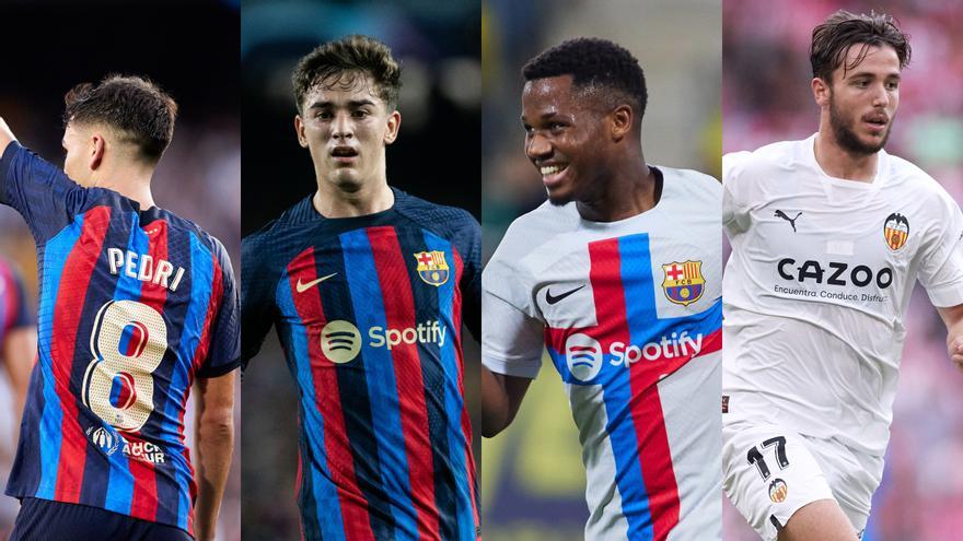 Los futbolistas del FC Barcelona Pedri, Gavi, Ansu Fati y el jugador del Valencia, cedido por el Barça, Nico González..