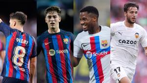 Los futbolistas del FC Barcelona Pedri, Gavi, Ansu Fati y el jugador del Valencia, cedido por el Barça, Nico González.