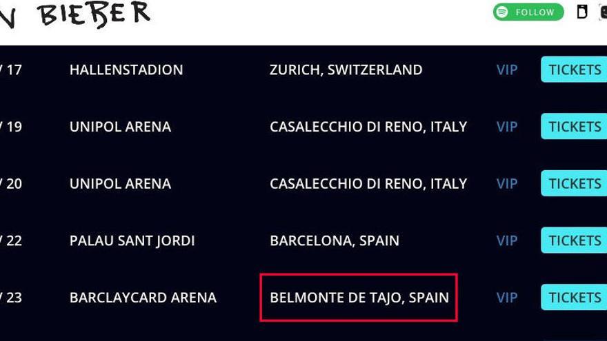 La web de Bieber anunció el concierto en Belmonte del Tajo.