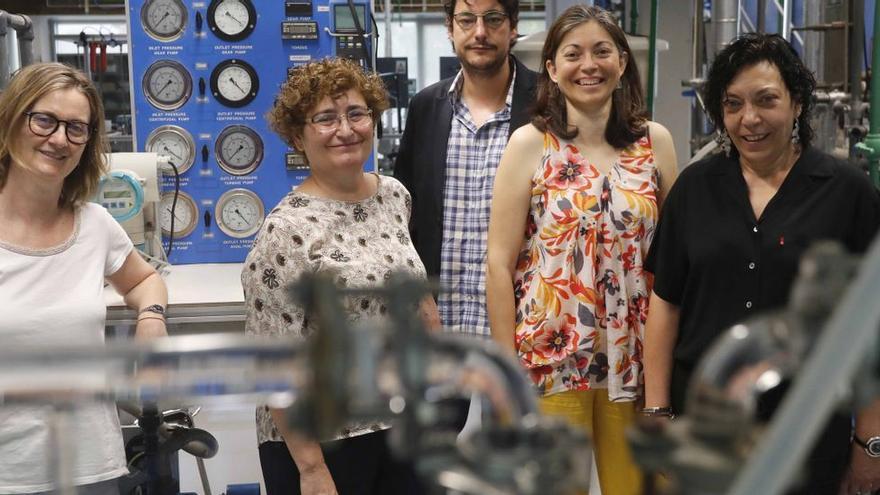 De izquierda a derecha, Sonia Loras, Paula Marzal, Rafael Ballesteros, Begoña Milian y Adela Mauri, en el laboratorio de la Universitat.