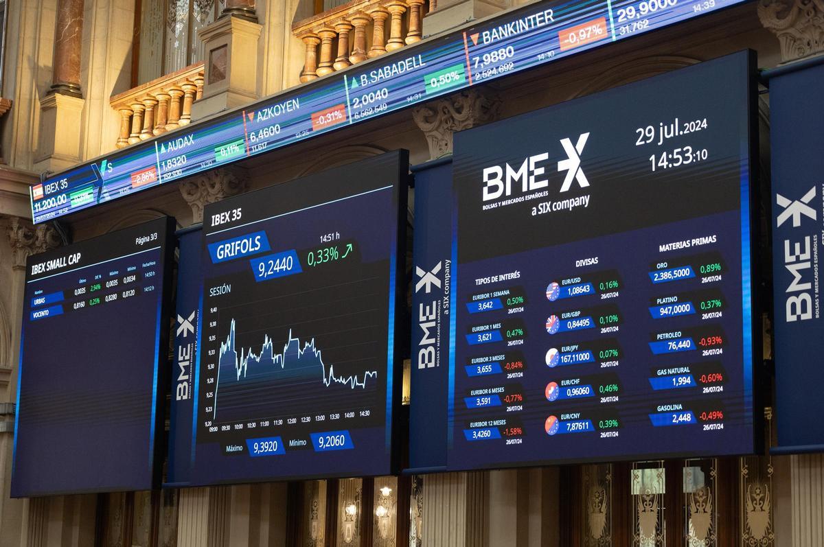 Archivo - Un panel del Ibex 35, en el Palacio de la Bolsa.