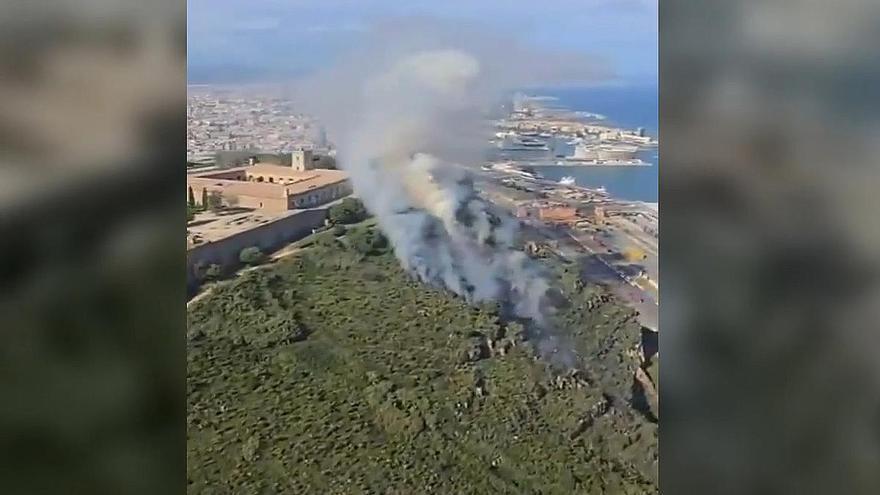 Bomberscat ha desplegado un helicóptero para apoyar al Cuerpo de Bomberos de Barcelona en las tareas de extinción del incendio forestal en Montjuïc.