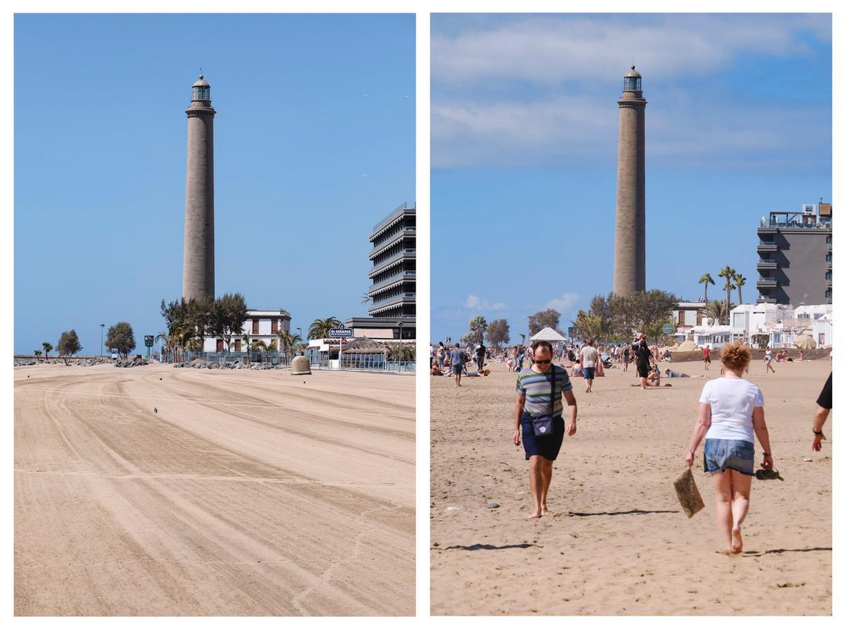 La zona del Faro de Maspalomas durante el confinamiento (izq.) y actualmente (dcha).