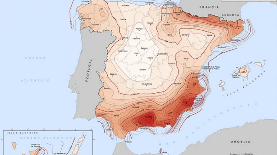 Mapa de peligrosidad sísmica en España.