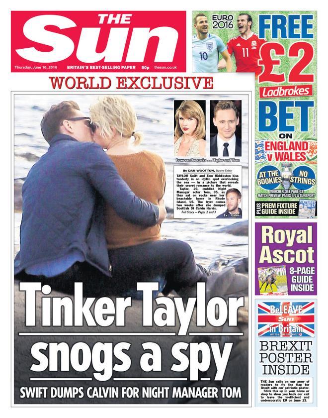 Taylor Swift y Tom Hiddleston comparten beso y portada en The Sun