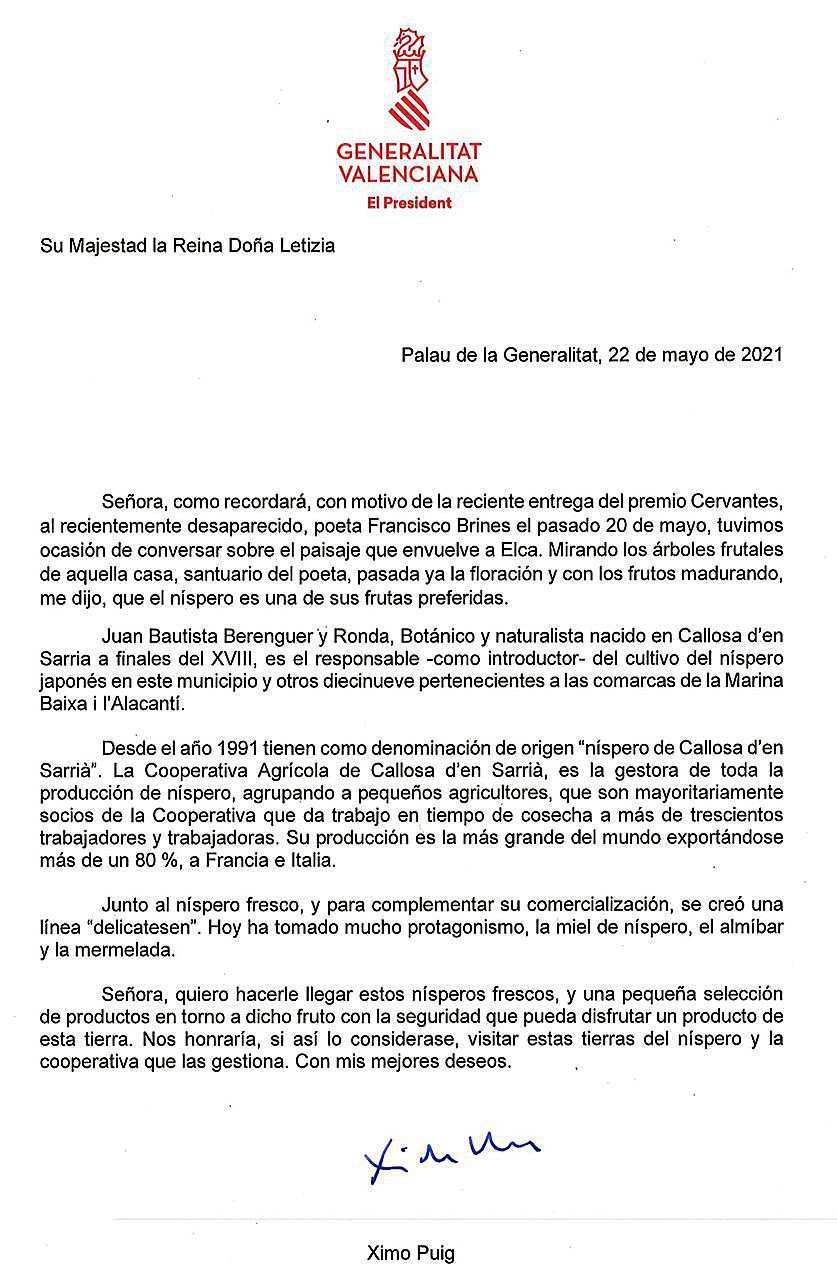 Cruce de cartas entre el presidente de la Generalitat y Doña Letizia.