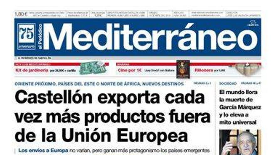 ‘Castellón exporta cada vez más productos fuera de la Unión Europea’, titular de portada hoy de El Periódico Mediterráneo