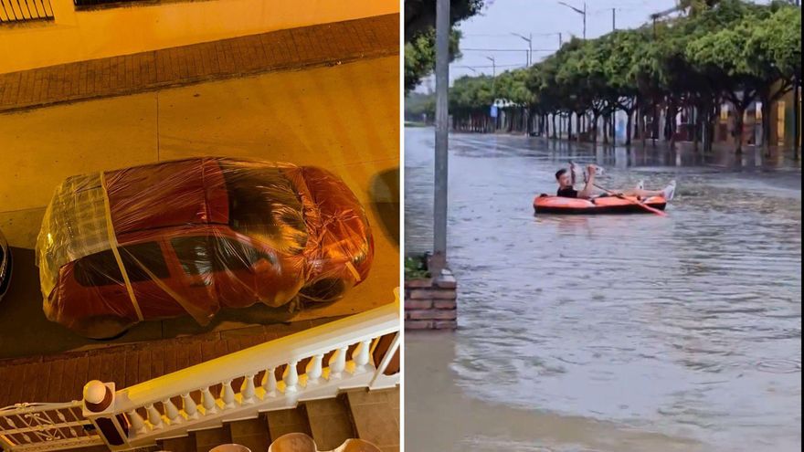 El lado más &quot;surrealista&quot; de la DANA en Málaga: coches con &quot;chubasquero&quot; y paseos en barcas hinchable