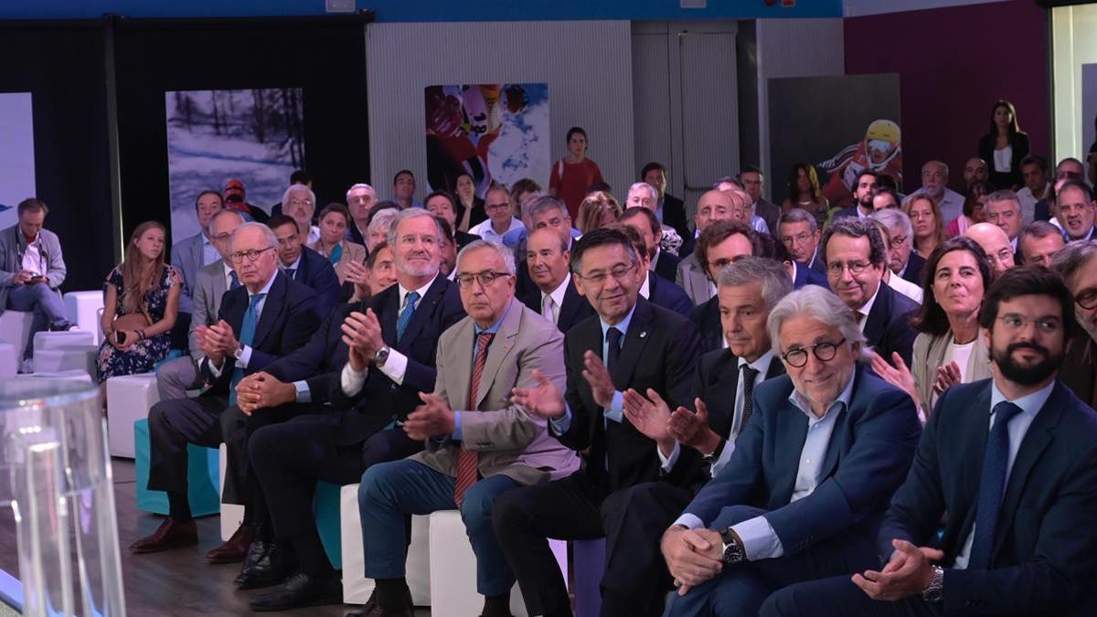 Barcelona 19 09 2019   Deportes  Albert Agusti (Sports   Cultura)  Alejandro Blanco ( Comite Olimpico Espanol)  Josep Maria Bartomeu (FC Barcelona) y Joan Antoni Samaranch (COI) en la presentacion del proyecto de los Juegos Olimpicos Pirineus-Barcelona  Fotografia de Jordi Cotrina