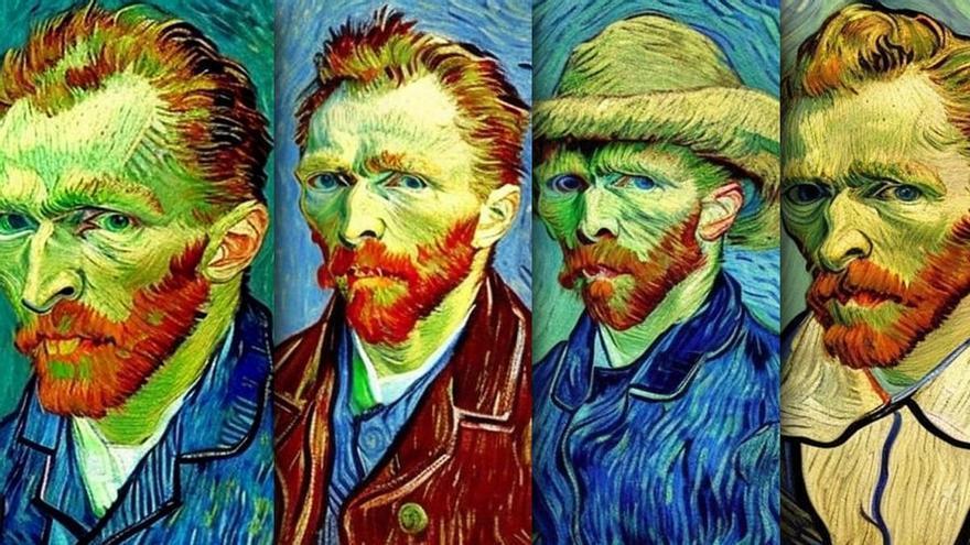 Combo de imágenes creadas con inteligencia artificial AI con la aplicación &#039;photoleap&#039; inspiradas en Autorretratos de Van Gogh.