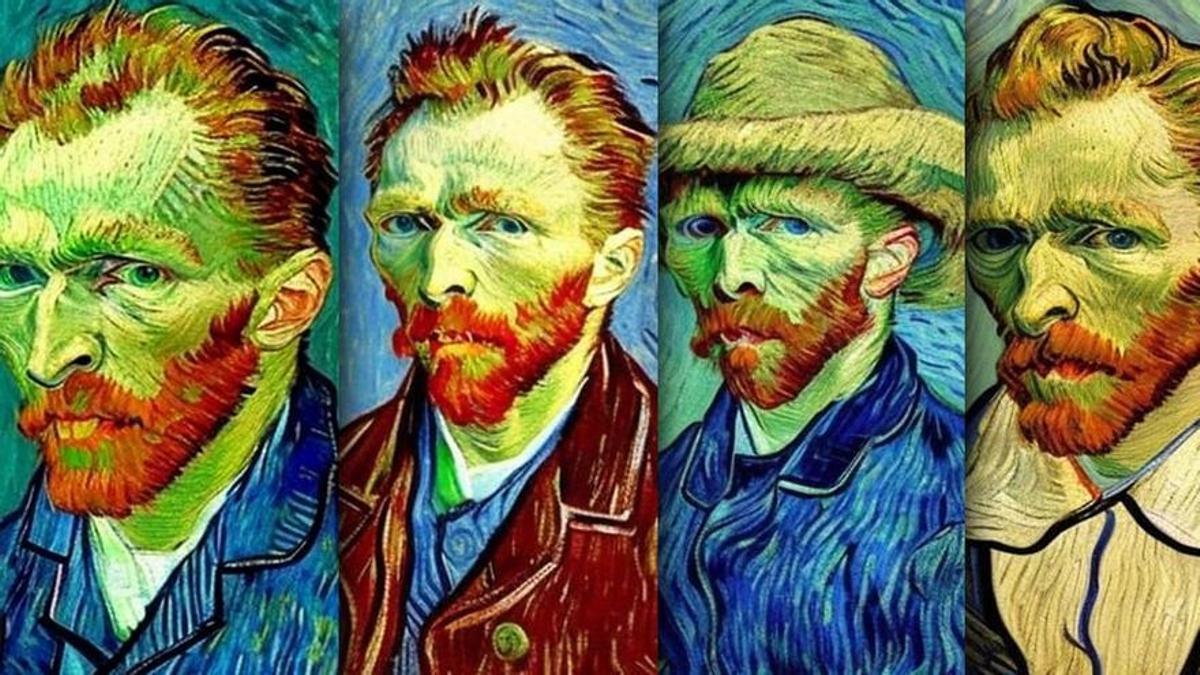 Combo de imágenes creadas con inteligencia artificial AI con la aplicación 'photoleap' inspiradas en Autorretratos de Van Gogh.