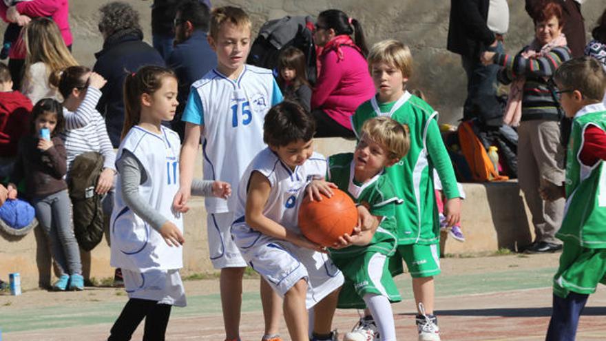 Un grupo de niños pugna por la posesión del balón, en un encuentro de baloncesto.
