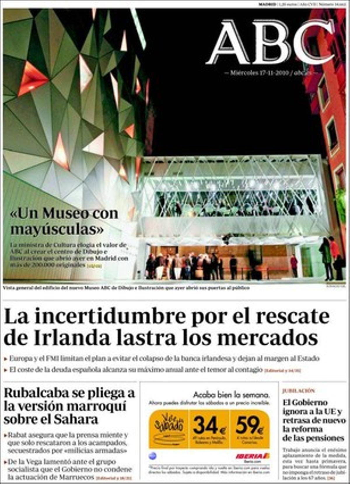 A dins ’Abc’ destaca que María Teresa Fernández de la Vega va criticar en un dinar del grup parlamentari socialista amb càrrecs sortints que el Govern no hagi condemnat la repressió marroquina d’Aaiun, que el pressupost de la UE per al 2011 s’encalla i avorta els projectes estrella.