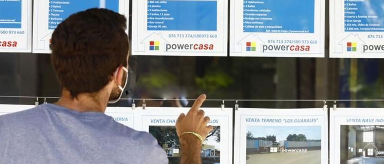 Un joven revisa los anuncios de una inmobiliaria en busca de un piso para poder emanciparse en Zaragoza.