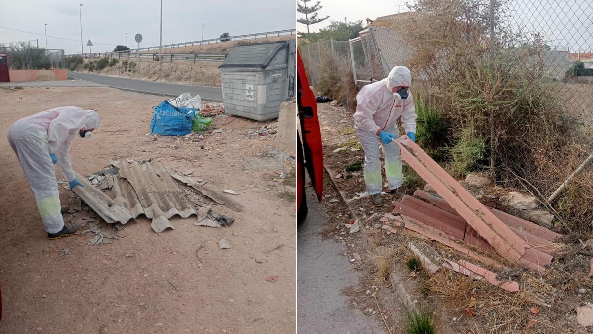 Operarios de la empresa especializada contratada por San Vicente retiran el amianto.