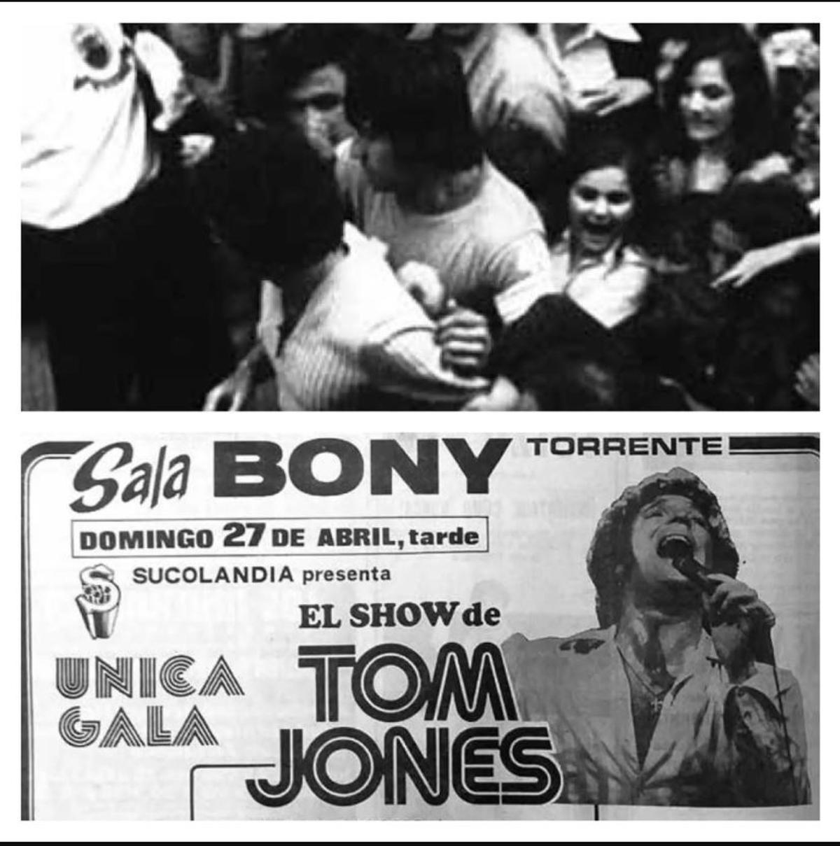Tom Jones escoltado para entrar en el Bony y la publicidad de aquel concierto