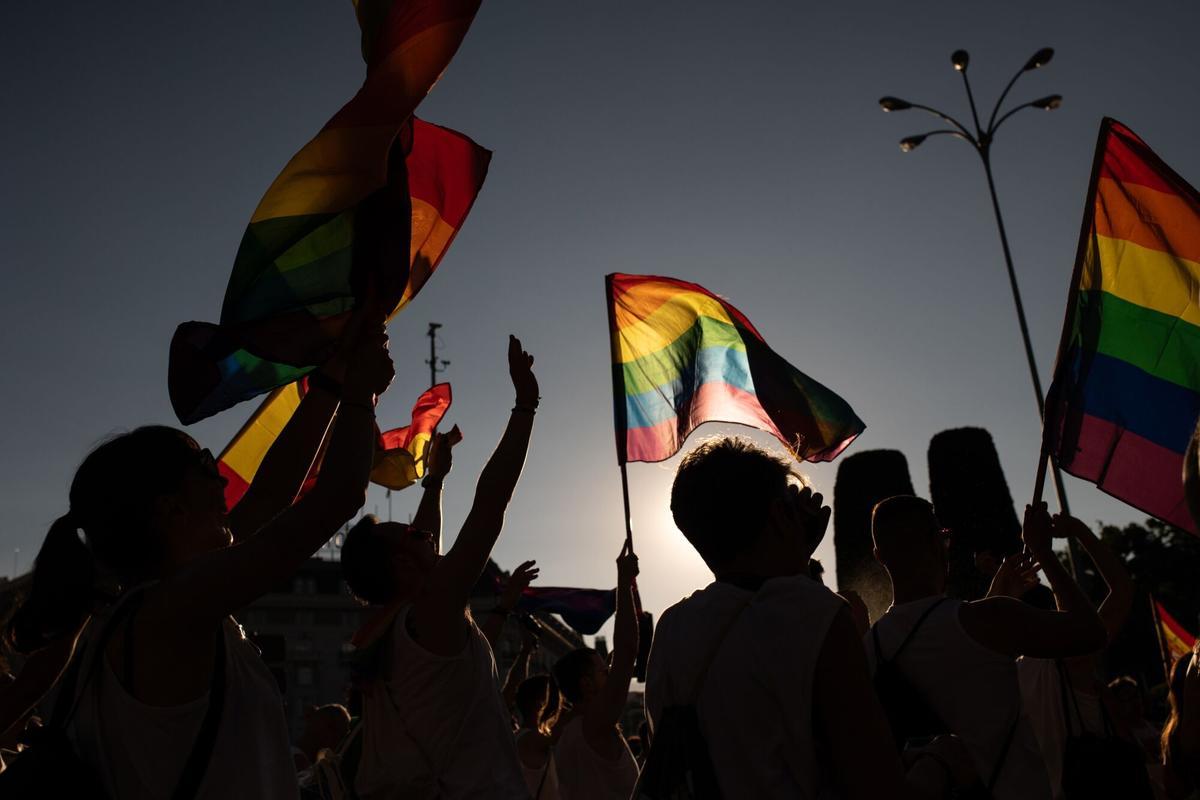 Varias personas con banderas LGTBI durante la manifestación del Orgullo LGTBI+ en Madrid, en verano de 2024.