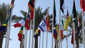Banderas de varios países en la Expo City de Dubai antes de la COP28.