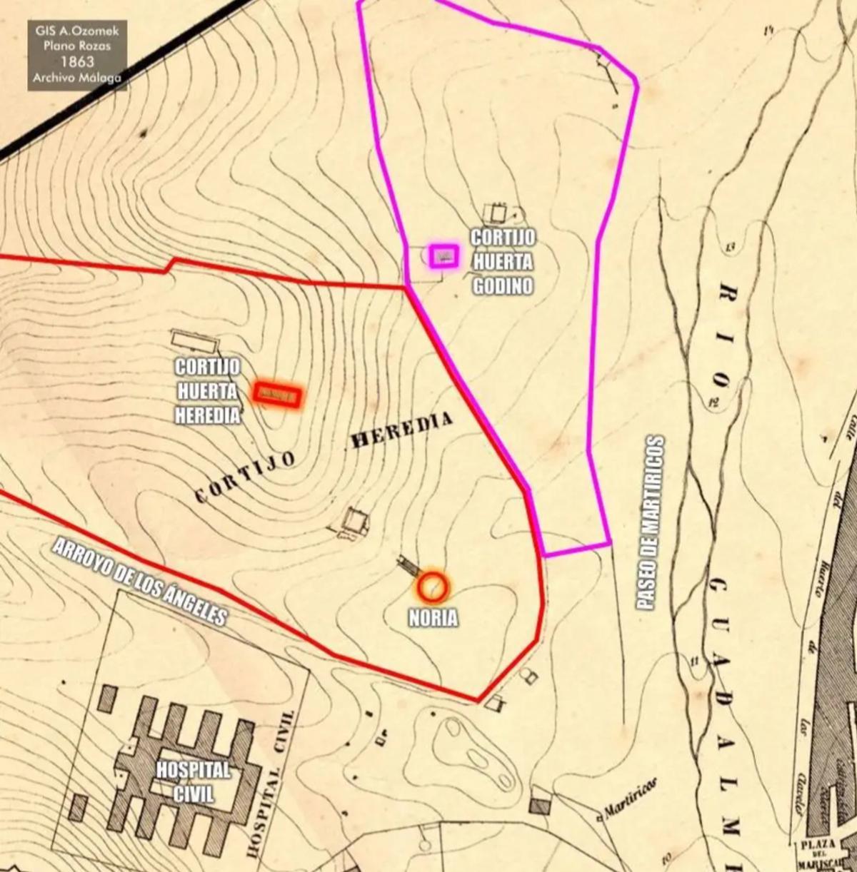 Anton Ozomek ha señalado en el plano de 1863 los límites entre los dos cortijos, con la noria en el de Heredia.