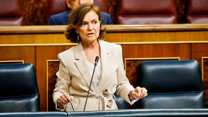 La vicepresidenta del Govern, Carmen Calvo, en una compareixença al Congrés dels Diputats