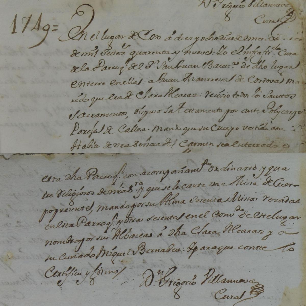 Partida de defunción del primer Manresa que llega a Cox, procedente de Callosa