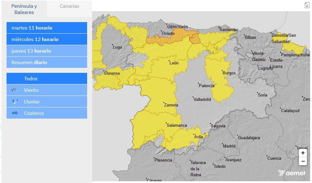 Avisos meteorológicos para el miércoles, 12 de octubre
