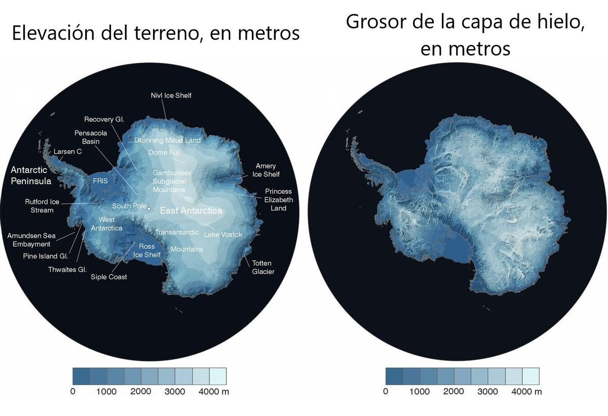 Altura del terreno y grosor de la capa de hielo de la Antártida