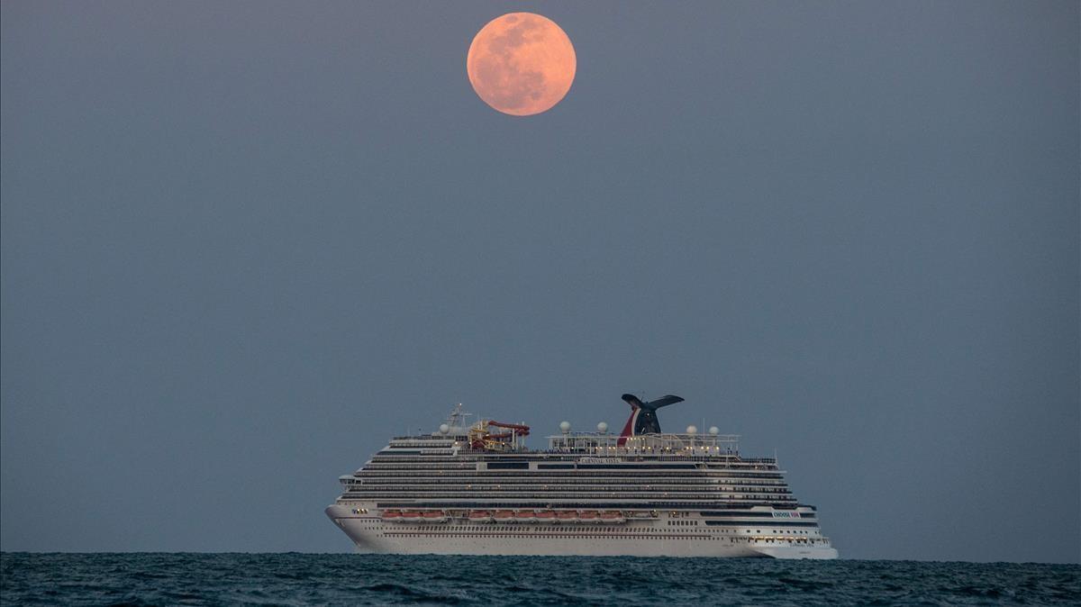 El crucero ’Carnival Vista’, con la superluna rosa encima, vistos desde Miami Beach, este lunes.