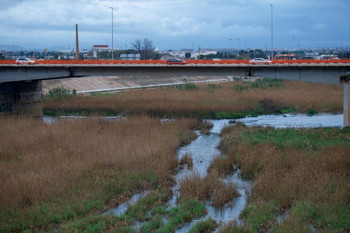Valencia VLC río Turia con bastante cantidad de agua desde el Pont de la Solidaritat