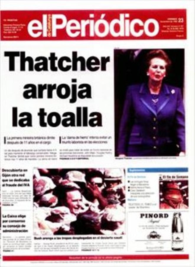 ADIÓS A DOWNING STREET’ Margaret Thatcher, sin perder su sonrisa que siempre parecía falsa, abandonando  su casa del 10 de Downing Street, el 27 de noviembre,  seis días después de ser fulminada.